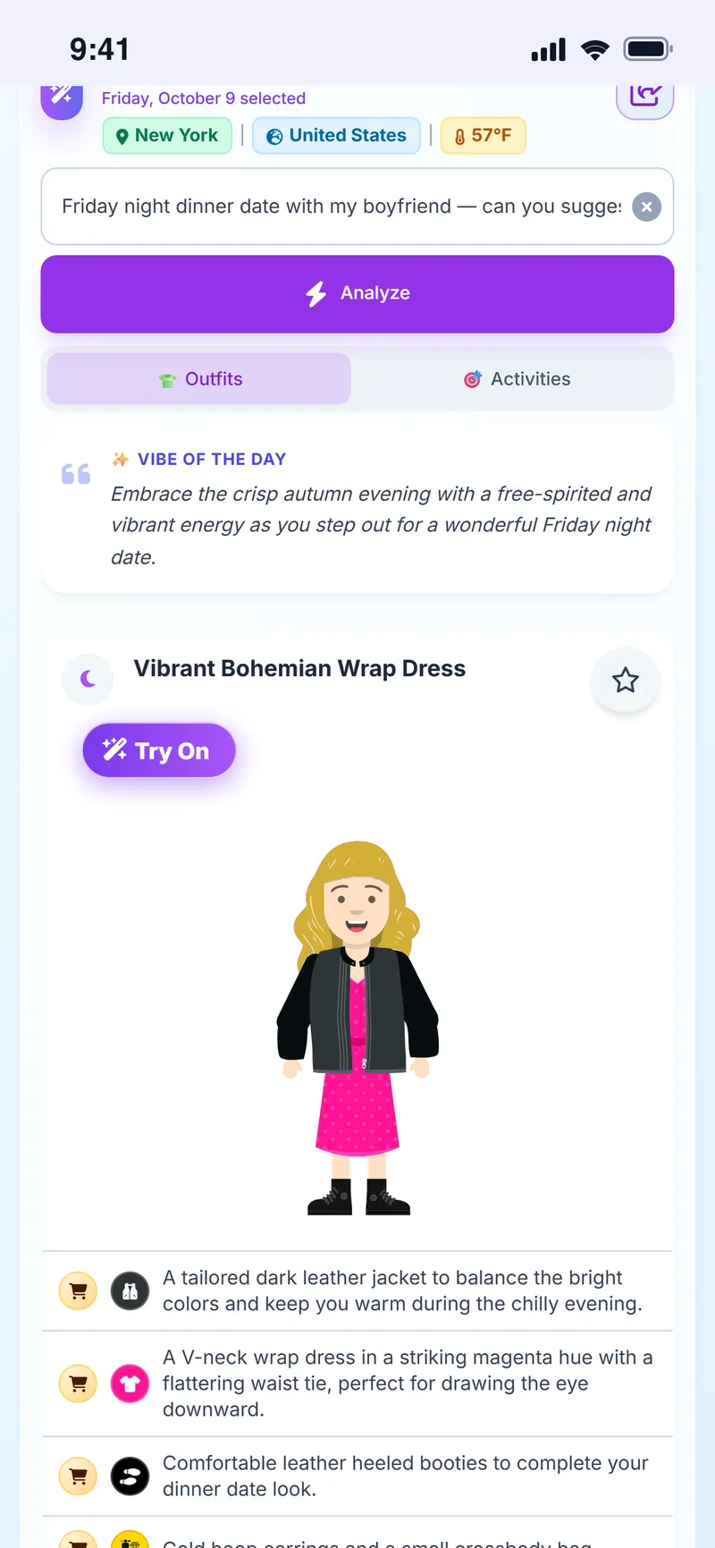 Weather-based outfit suggestion on the avatar, with the vibe of the day and a list of pieces