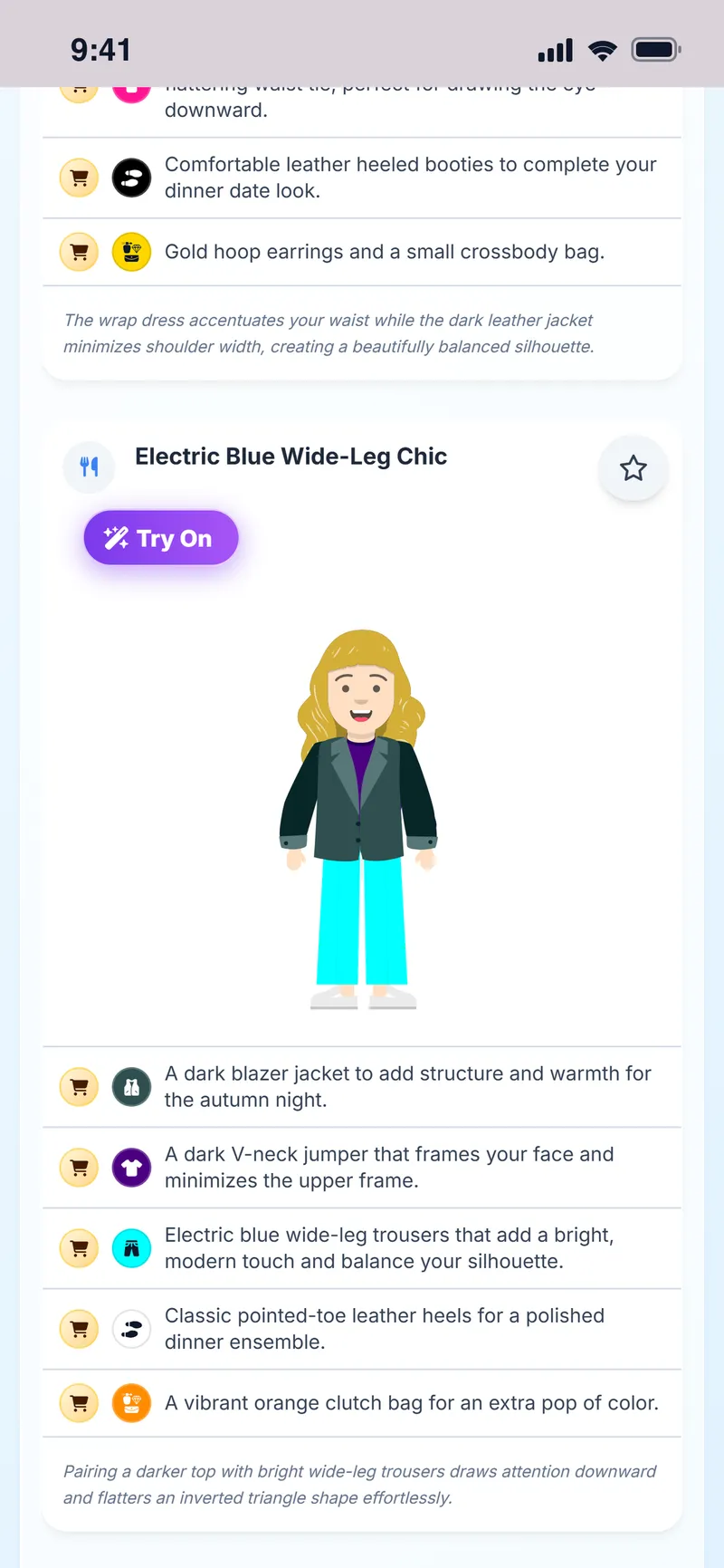 Another outfit idea for the same evening, shown on the avatar with its pieces
