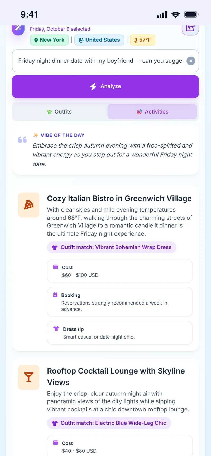 Activity suggestions for the evening: venues with cost, booking and a dress tip