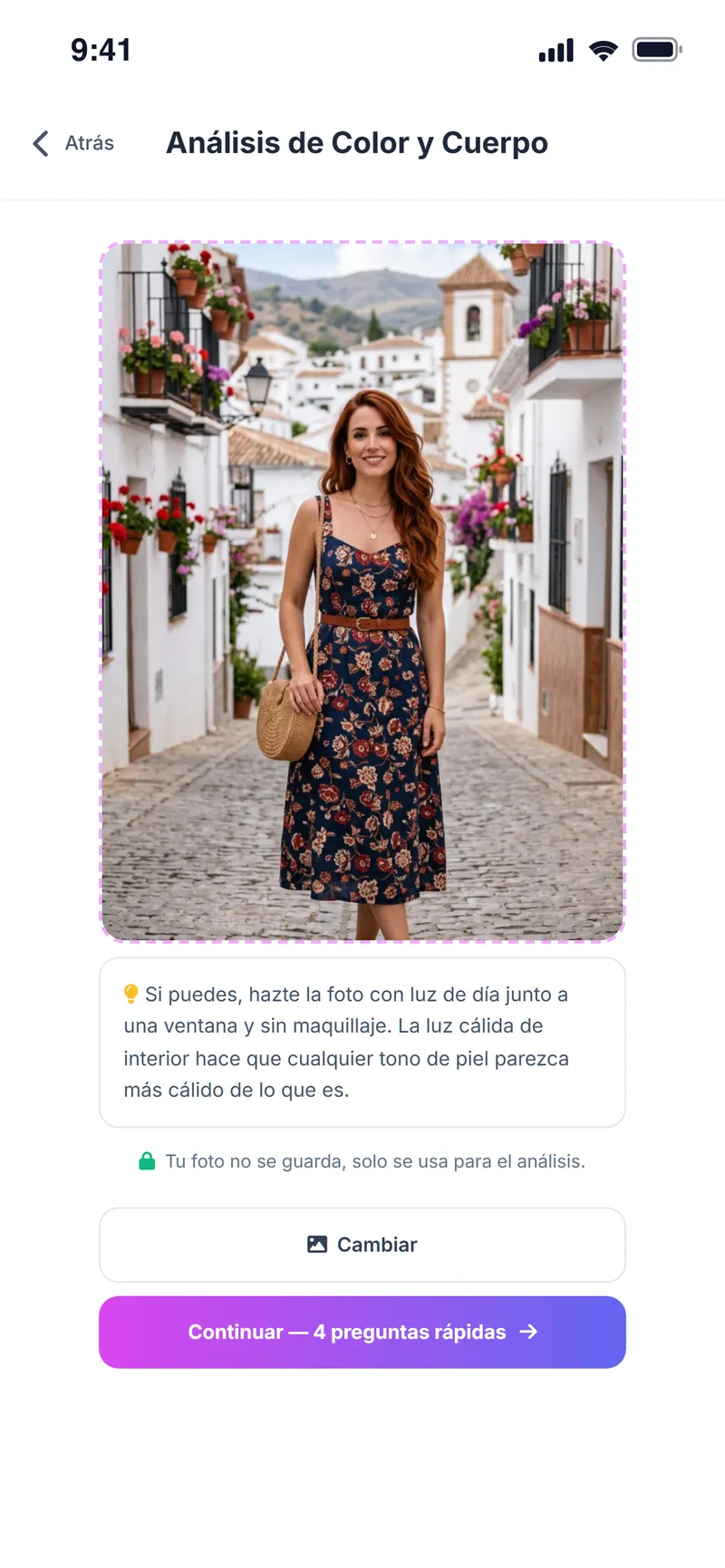 Paso de la foto para el análisis de color, con consejos de luz; la foto no se guarda