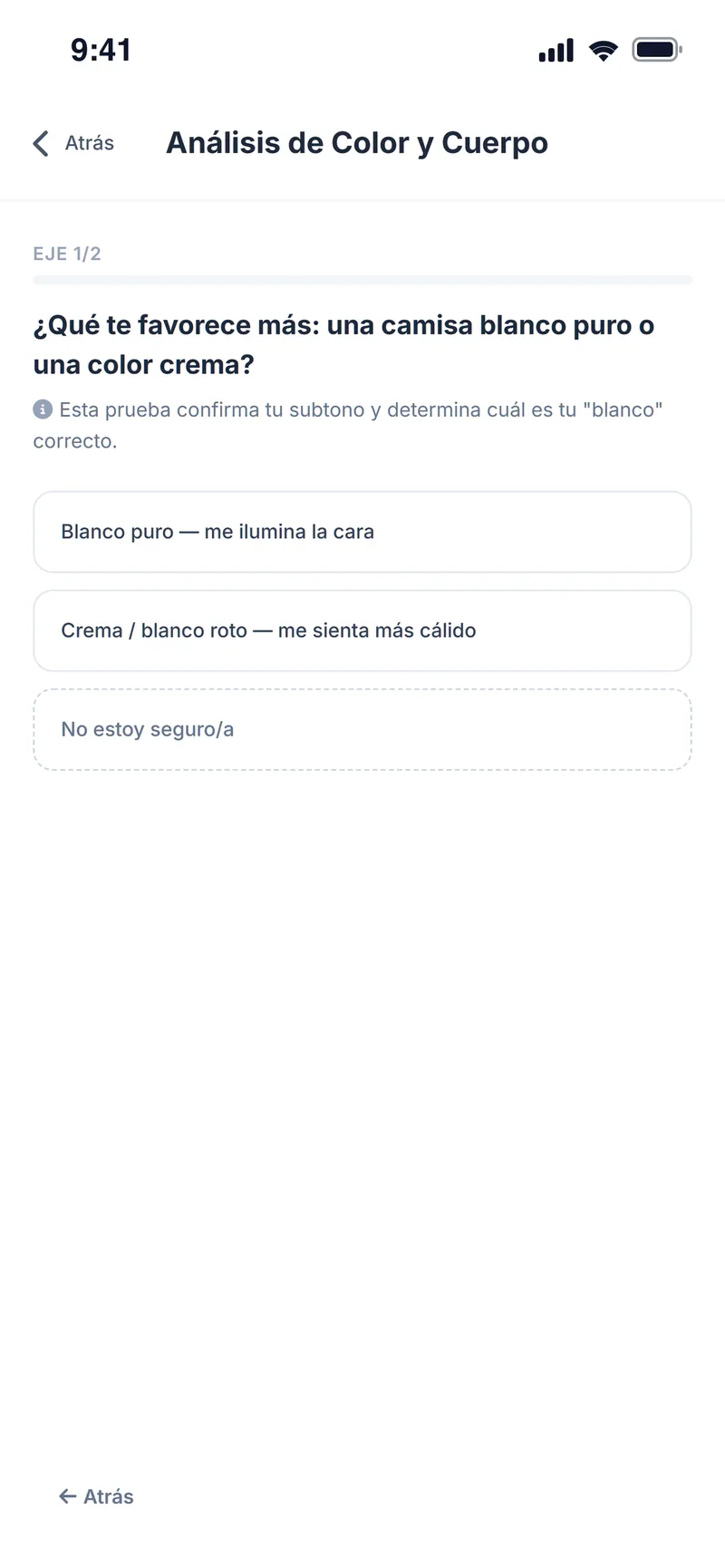 Pregunta del análisis de color: camisa blanco puro o crema para confirmar el subtono