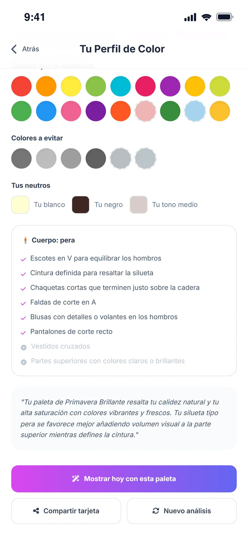 Resultado del tipo de cuerpo: pera, con cortes recomendados y resumen de la paleta