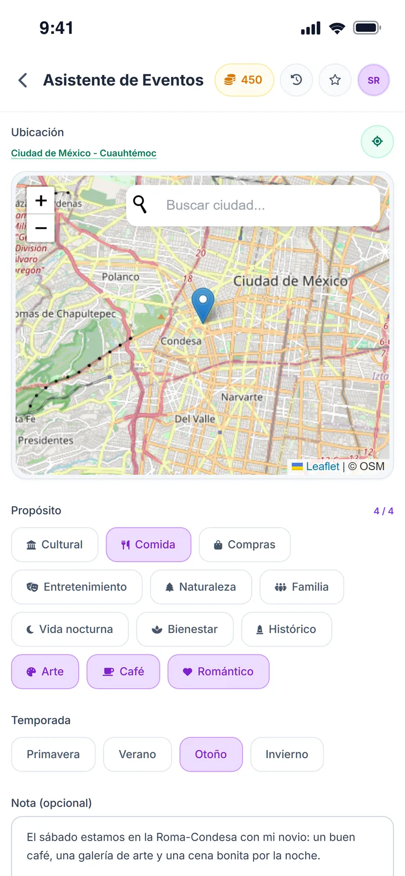 Asistente de Eventos: mapa de Ciudad de México, propósitos, temporada y una nota para un plan en la Roma-Condesa