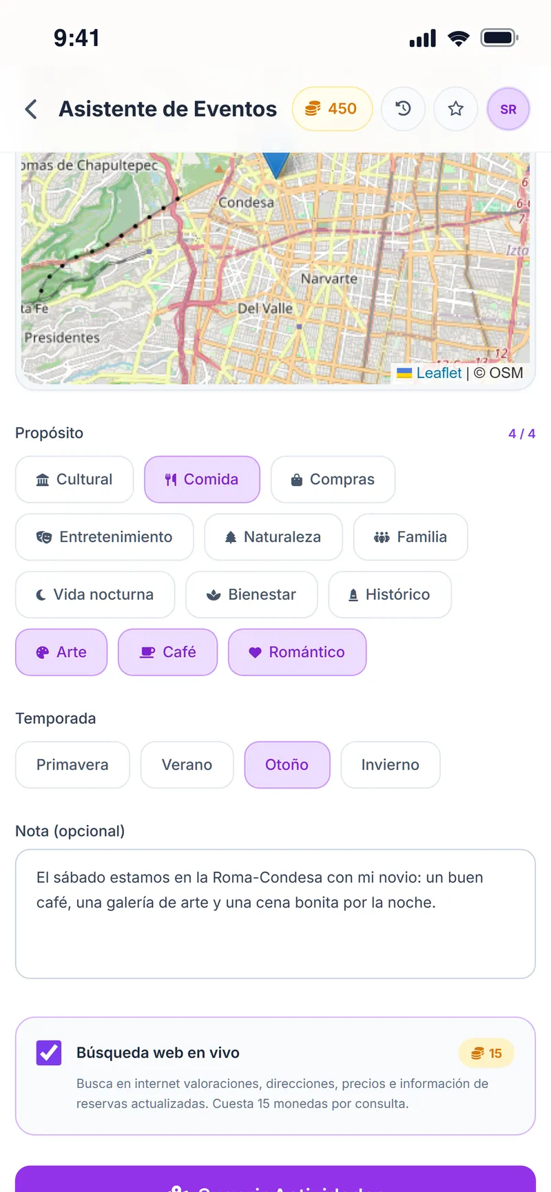 Asistente de Eventos: opción de búsqueda web en vivo para valoraciones, direcciones y precios actualizados