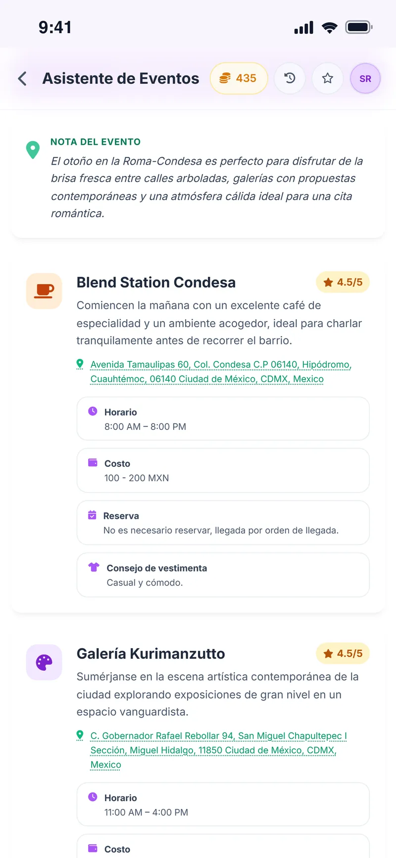 Lugares reales sugeridos en la Condesa con valoración, dirección, horario, coste y consejo de vestimenta