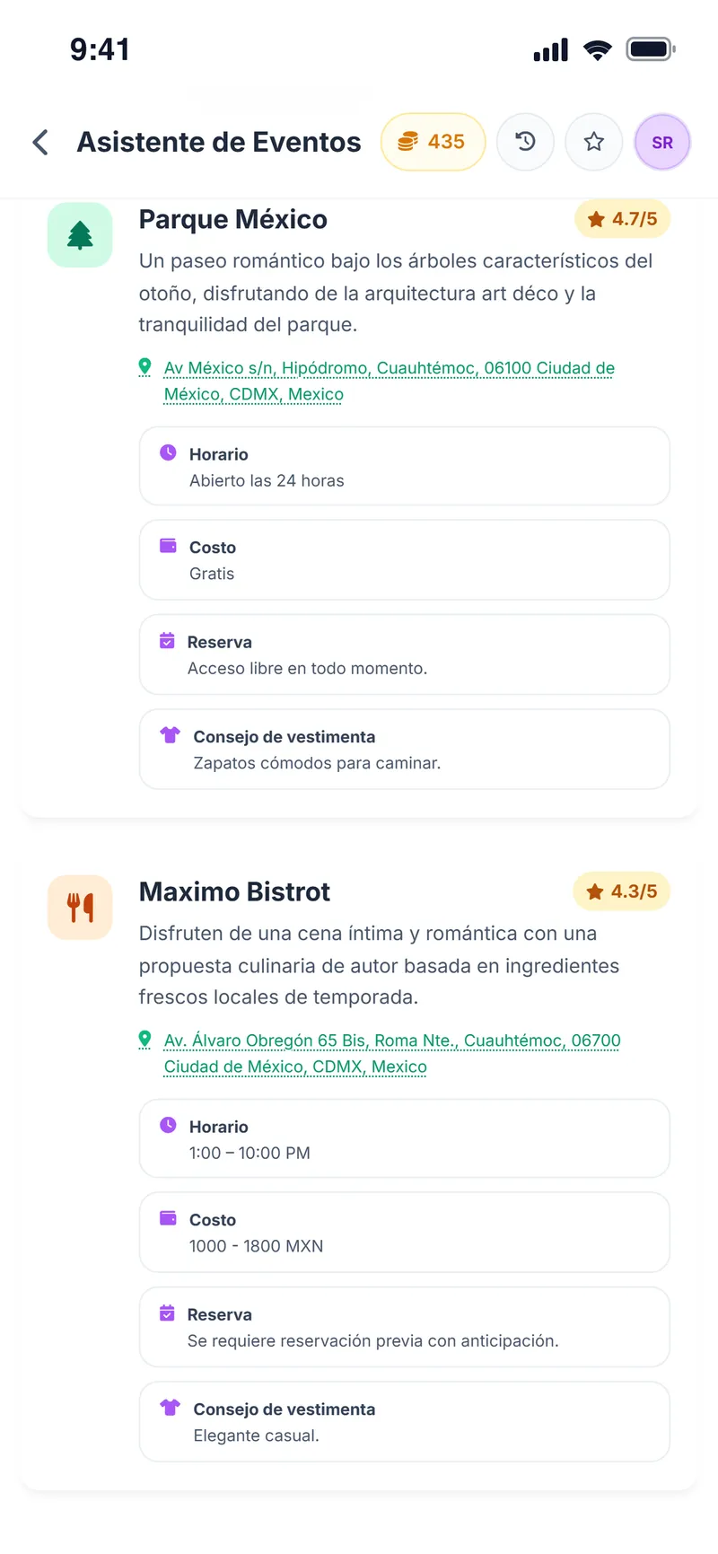 Tarjetas de un parque y un restaurante con dirección, horario y consejo de vestimenta