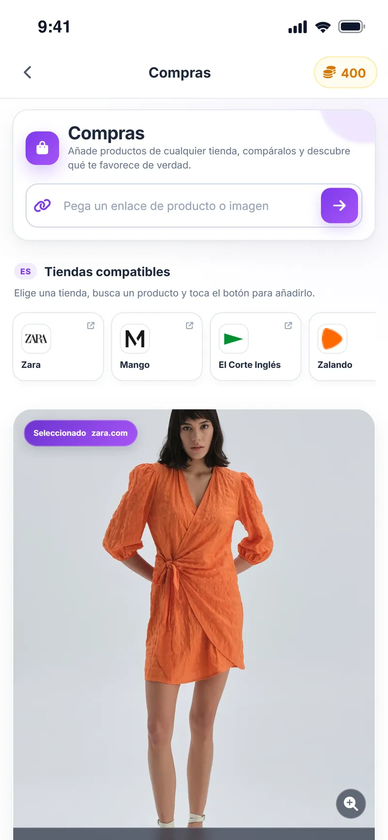 Pantalla de Compras: campo para pegar el enlace, tiendas compatibles (Zara, Mango, El Corte Inglés, Zalando) y un vestido naranja de Zara