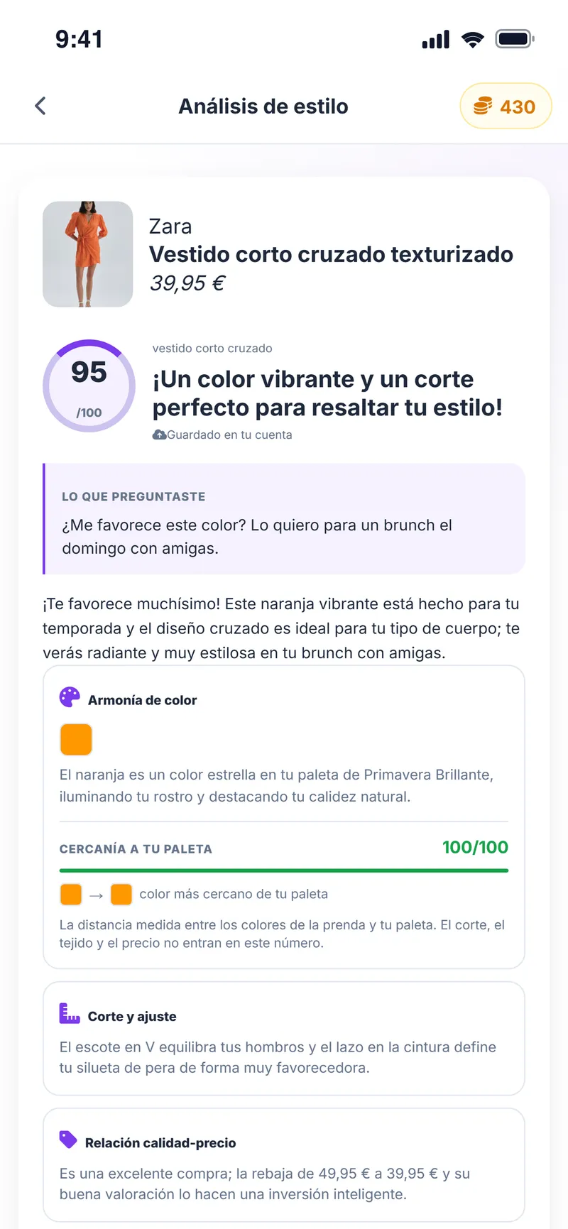 Análisis de estilo con IA: 95/100 de afinidad, armonía de color, cercanía a la paleta y notas de corte