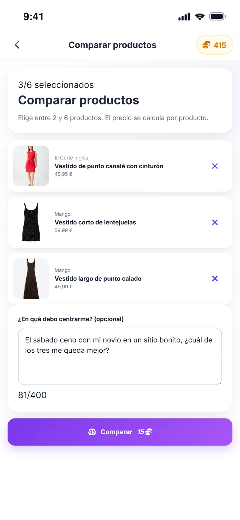 Comparar productos: tres vestidos seleccionados y una pregunta para la comparación
