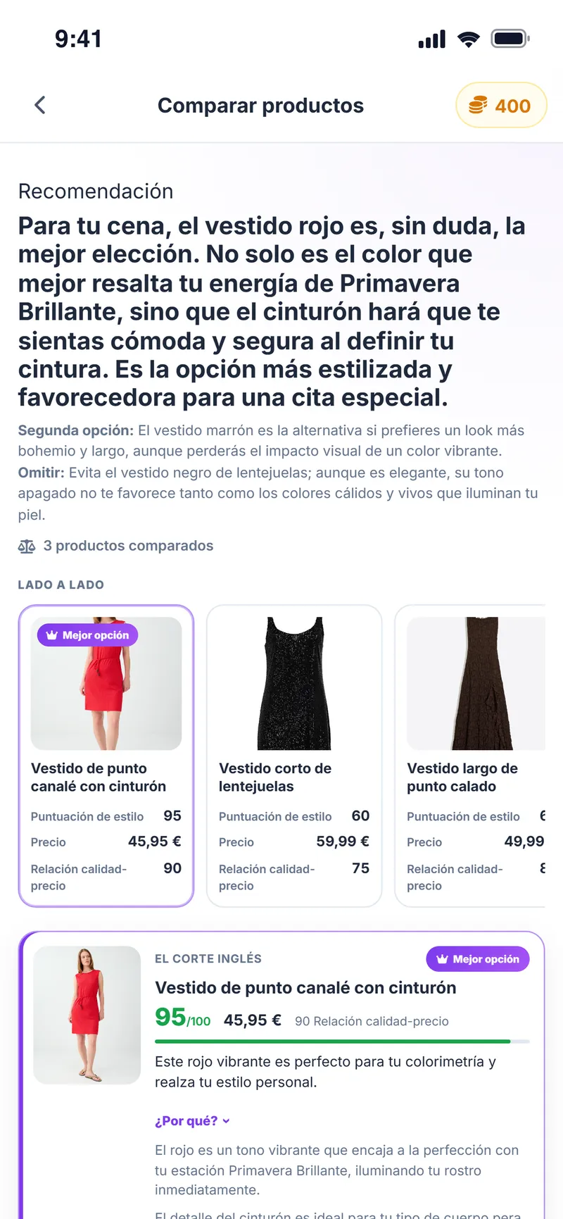 Resultado de la comparación: el vestido recomendado, una segunda opción y puntuaciones lado a lado