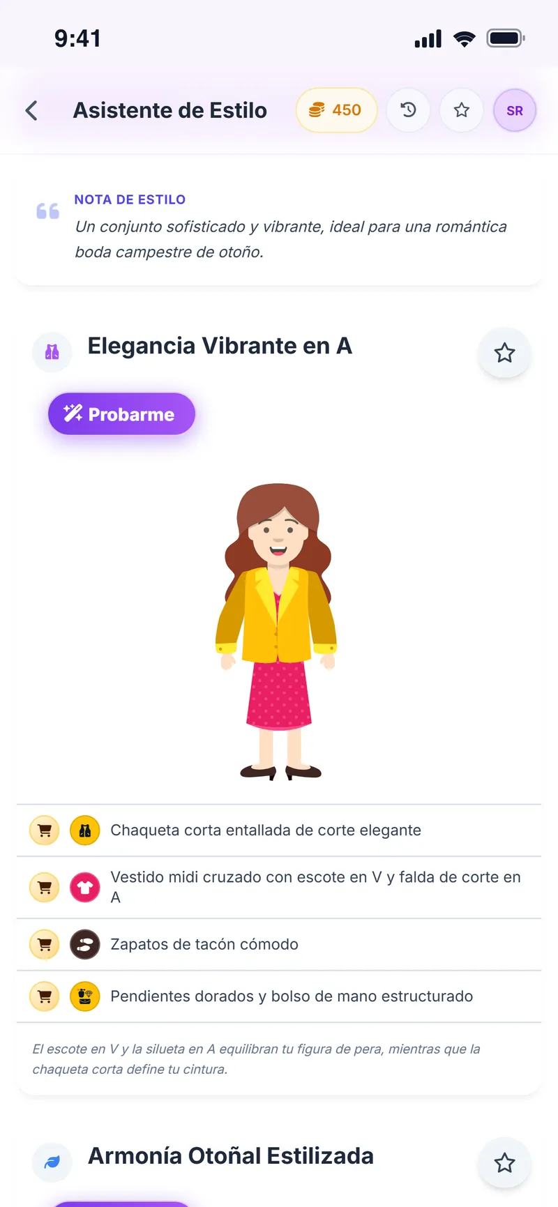 Outfit sugerido para una invitada de boda sobre el avatar, con nota de estilo y lista de prendas