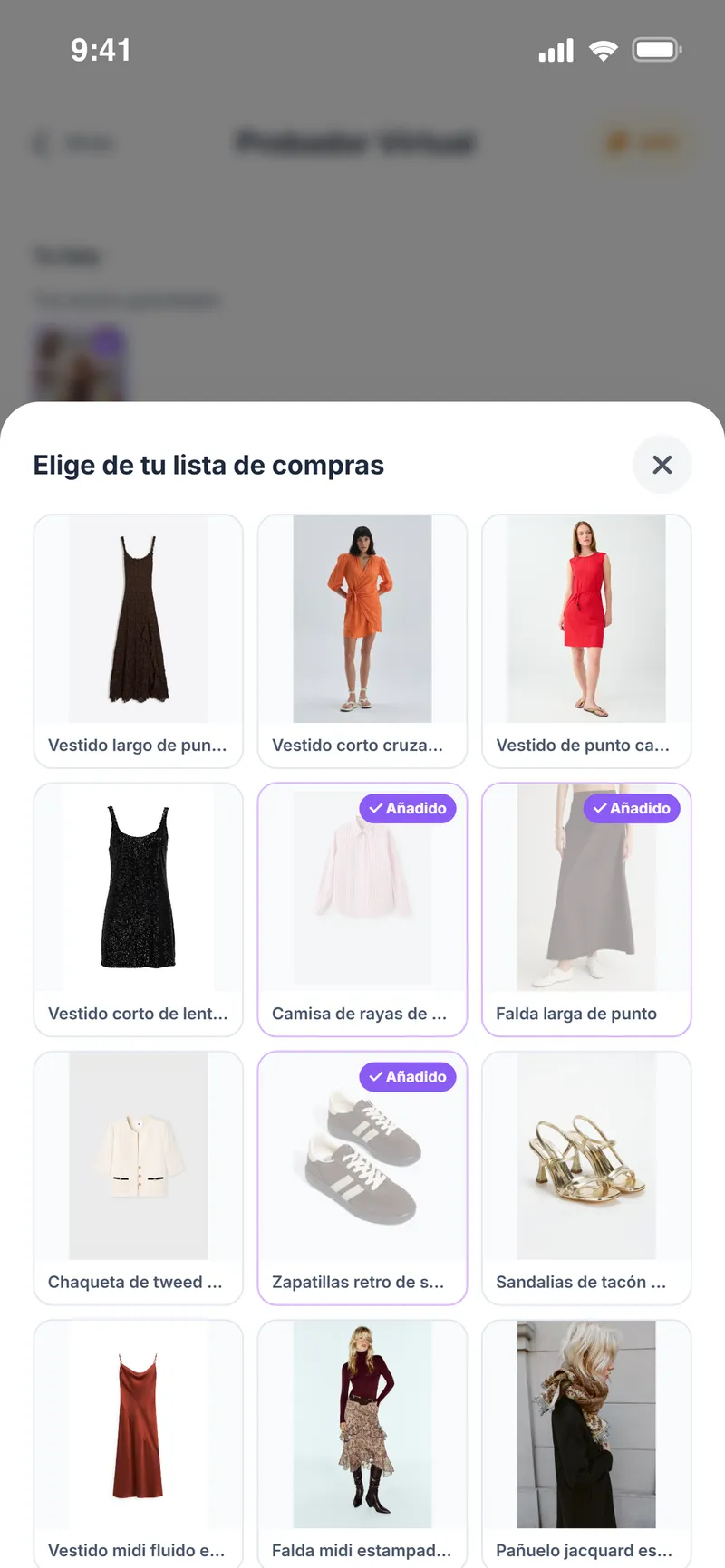 Probador virtual: elegir prendas de la lista de compras guardada