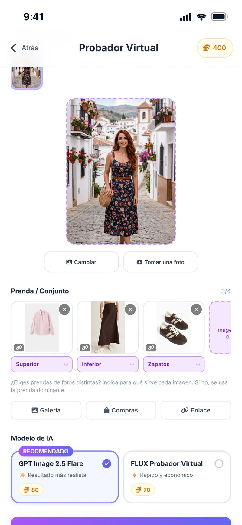 Probador virtual: foto de cuerpo entero con camisa, falda y zapatillas añadidas y la elección del modelo de IA