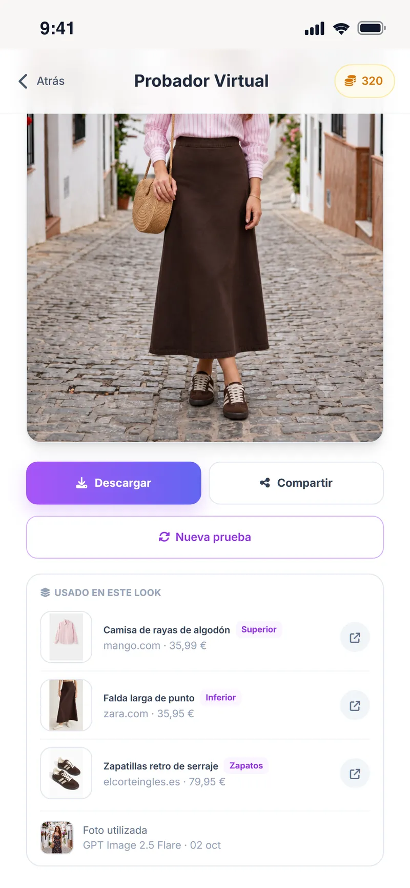Resultado de la prueba con la lista de prendas usadas en el look y sus tiendas