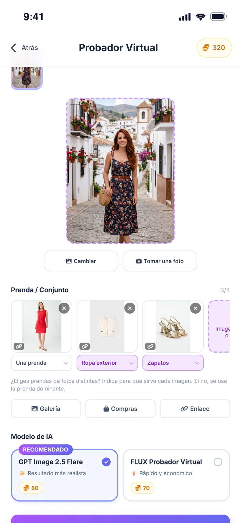Probador virtual: vestido rojo, chaqueta clara y sandalias preparados para una cena elegante