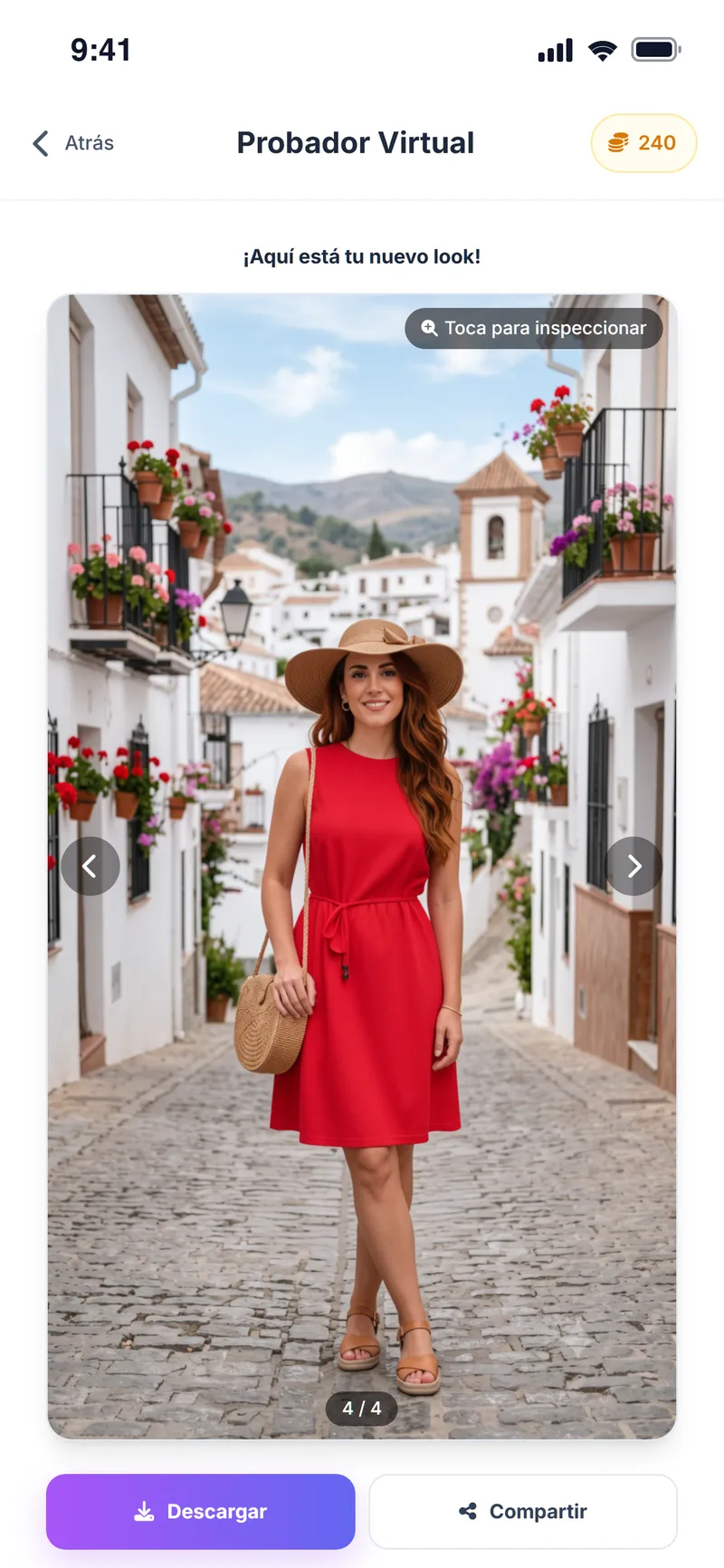 Pruebas anteriores: vestido rojo con sombrero en la galería del probador