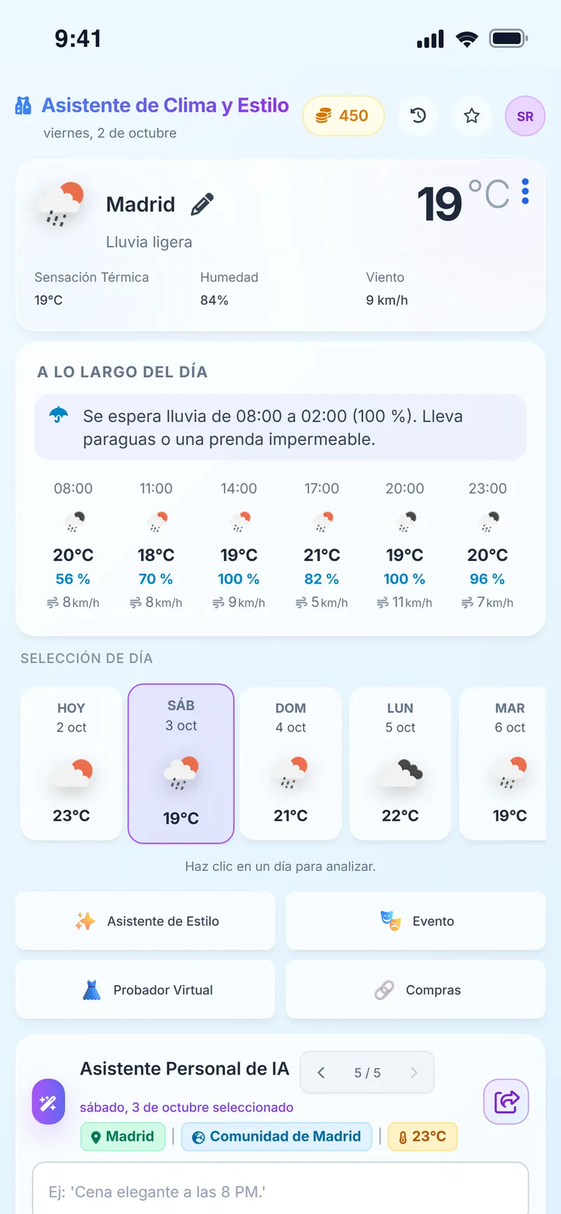 Asistente de Clima y Estilo: tiempo en Madrid, temperaturas por horas y selección del día