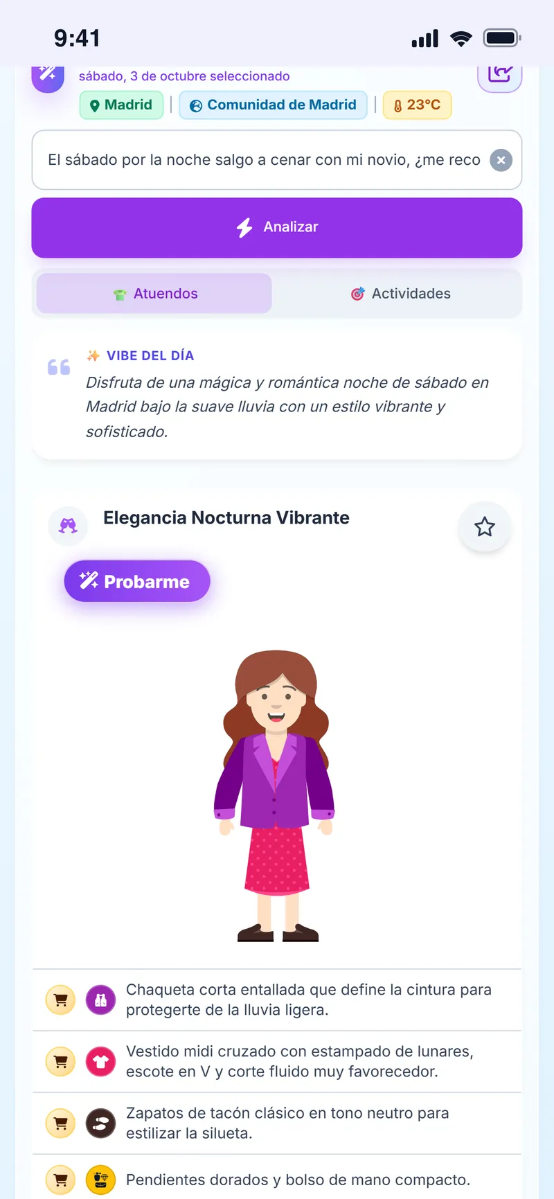Outfit sugerido según el tiempo sobre el avatar, con la vibra del día y la lista de prendas