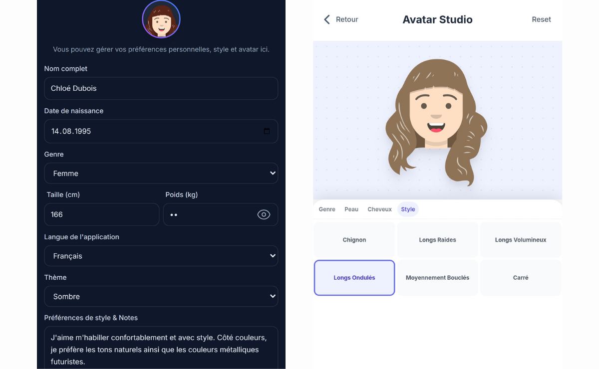 Écran Paramètres du Profil