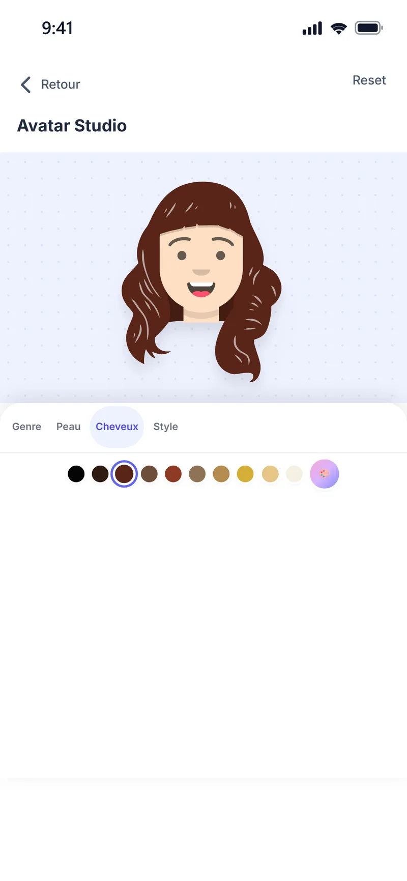 Avatar Studio : choix de la couleur des cheveux