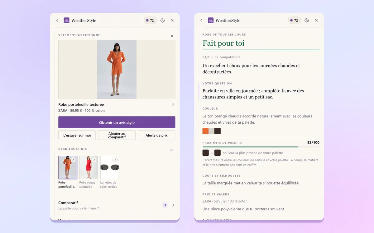 Panneau de l'extension Chrome : une robe sélectionnée, le bouton d'avis de style et l'avis de l'IA