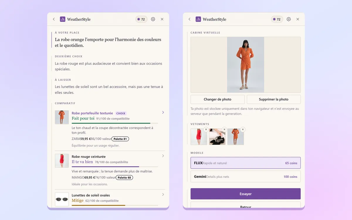 Extension Chrome : comparaison de trois produits et panneau de la cabine d'essayage virtuelle