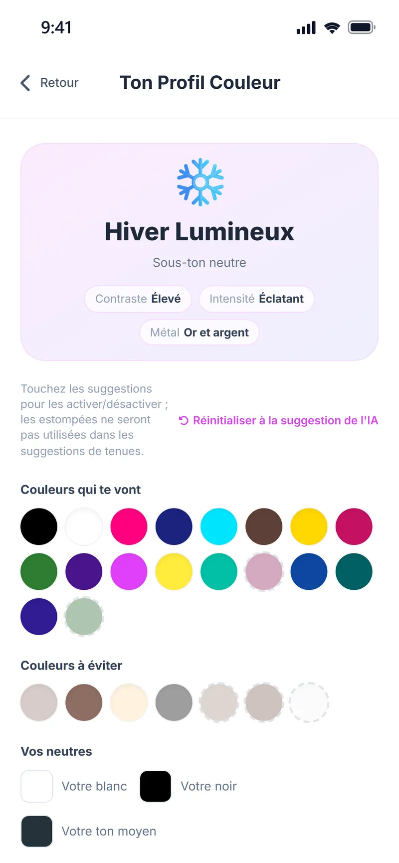 Profil couleur : saison Hiver Lumineux, sous-ton neutre, contraste élevé et éclat, avec les couleurs qui vous vont