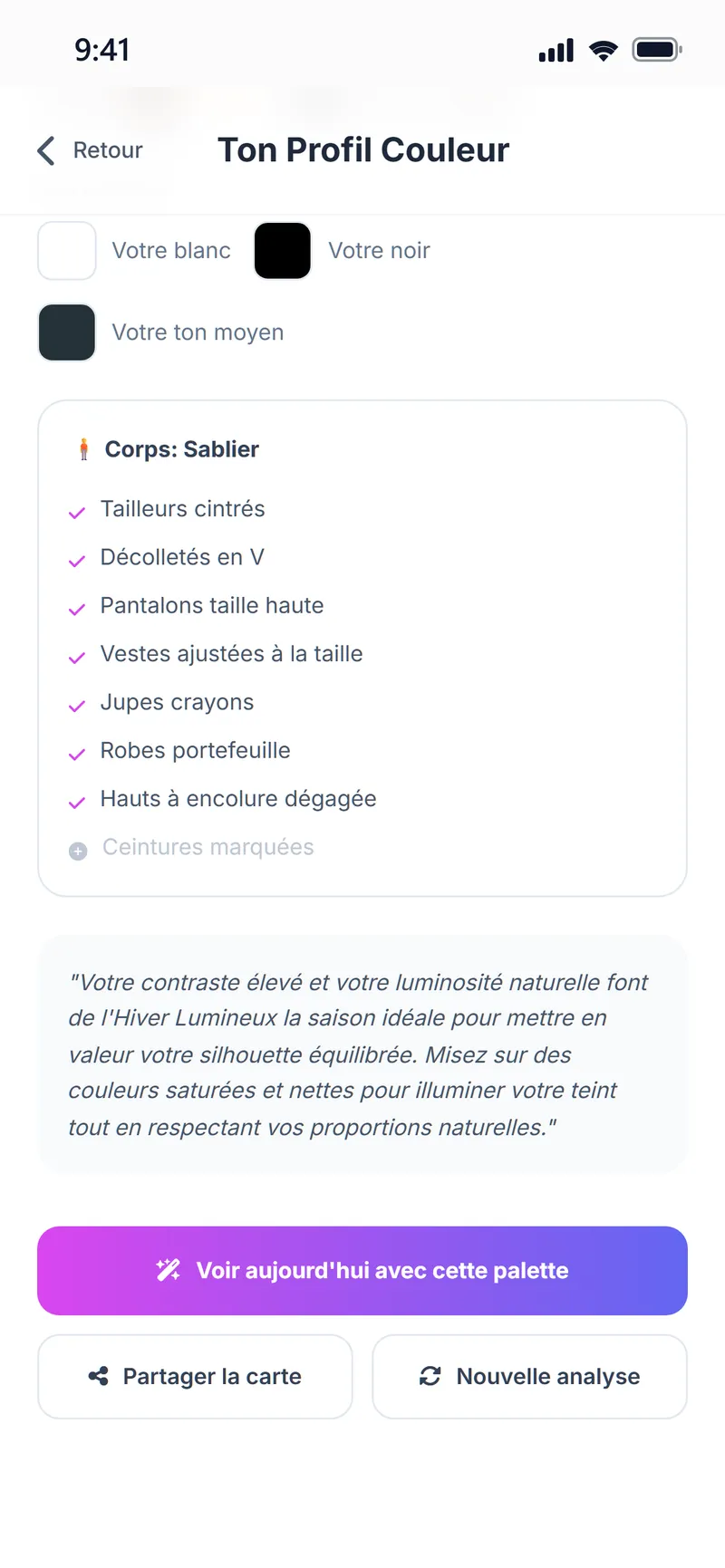 Profil couleur : couleurs à éviter, neutres personnels, morphologie Sablier et coupes recommandées