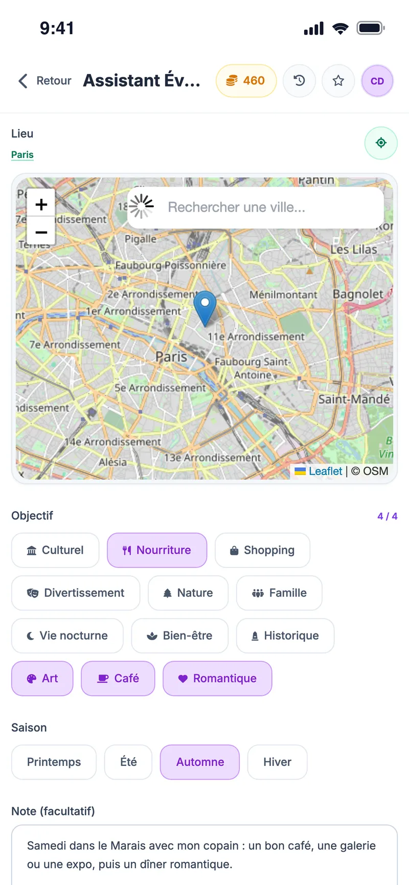 Assistant Événements : carte de Paris, envies (nourriture, art, café, romantique), saison et note pour un samedi dans le Marais