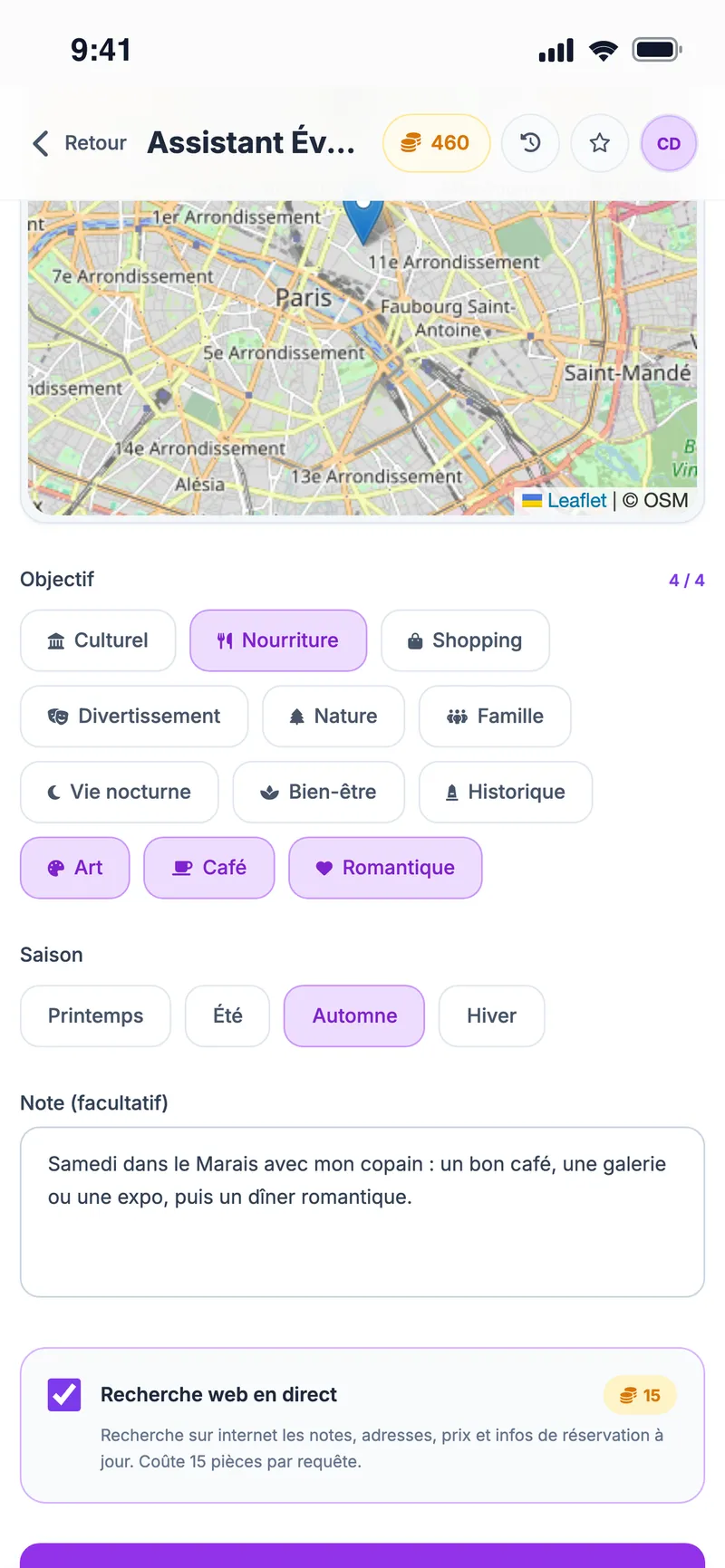 Assistant Événements : option de recherche web en direct pour des avis, adresses et prix à jour