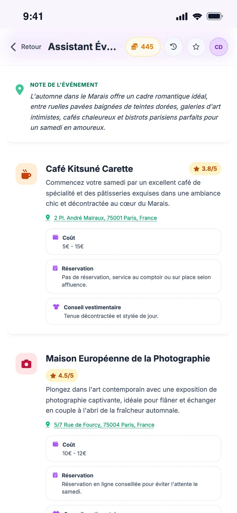 Lieux réels suggérés dans le Marais : galerie, café et salon de thé avec adresse, coût et conseil vestimentaire