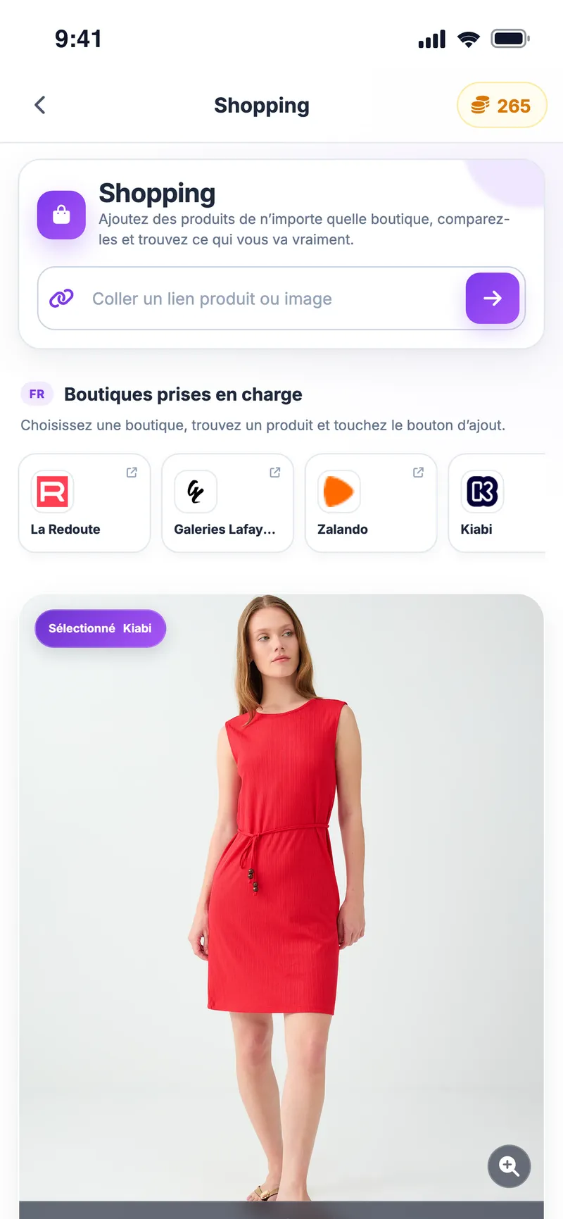 Écran Shopping : champ pour coller un lien, boutiques compatibles (La Redoute, Galeries Lafayette, Zalando, Kiabi) et une robe rouge Kiabi