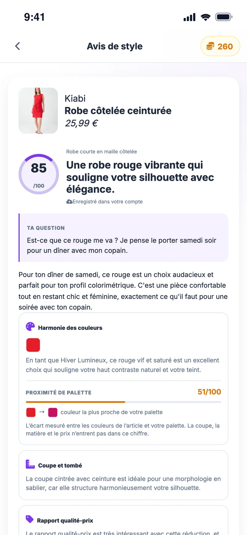 Avis de style de l'IA : score de 85/100, harmonie des couleurs, proximité avec la palette et notes de coupe