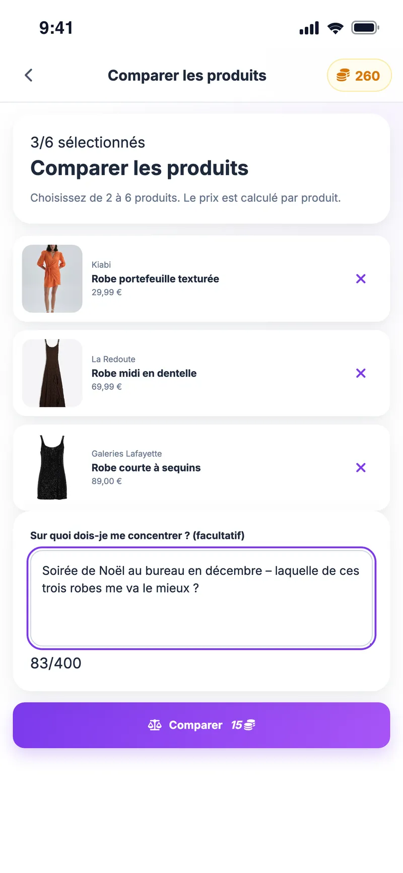 Comparer les produits : trois robes sélectionnées et une question pour la comparaison