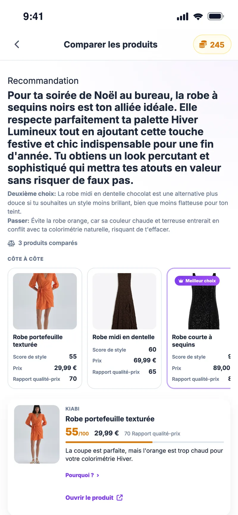 Résultat de la comparaison : la robe recommandée, une alternative et les scores côte à côte