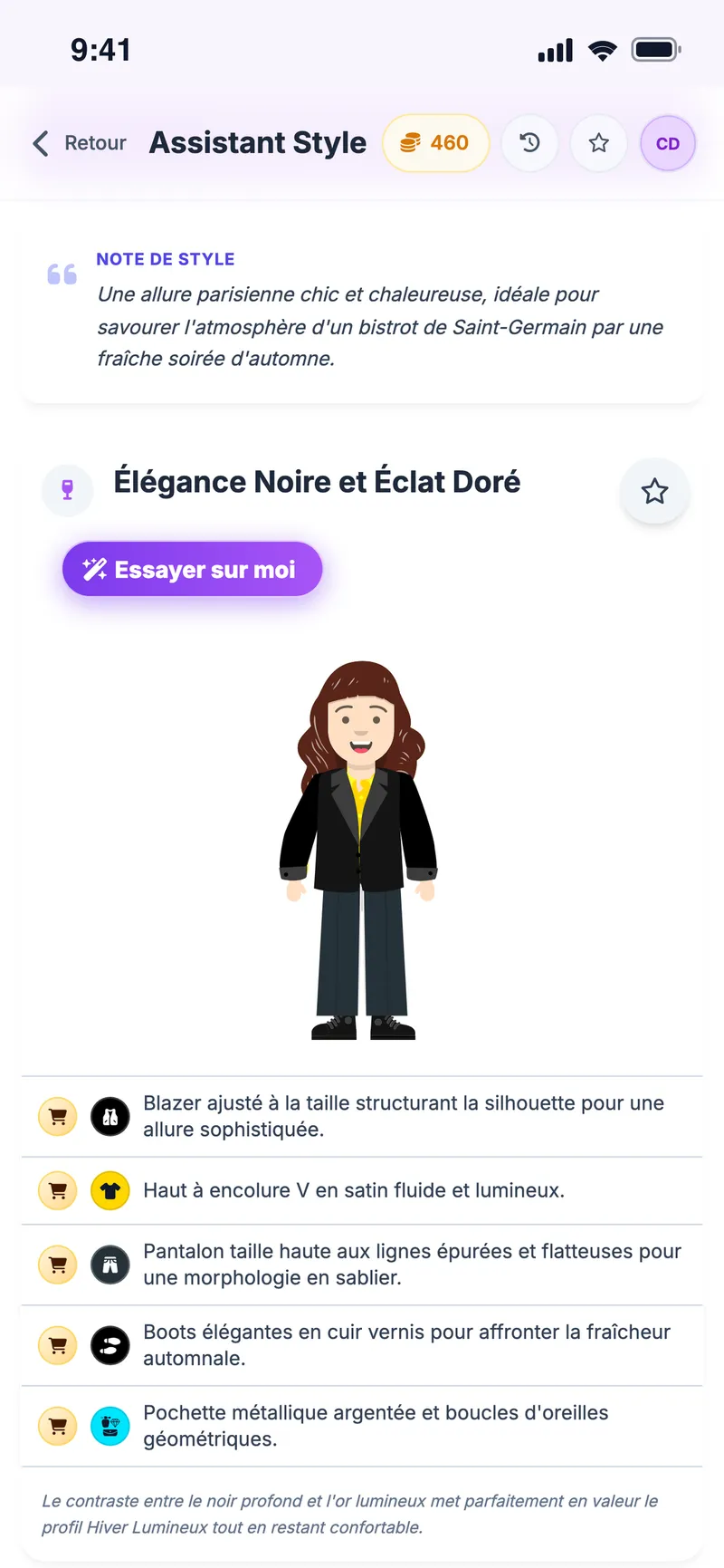 Tenue suggérée pour un dîner parisien sur l'avatar, avec note de style et liste des pièces
