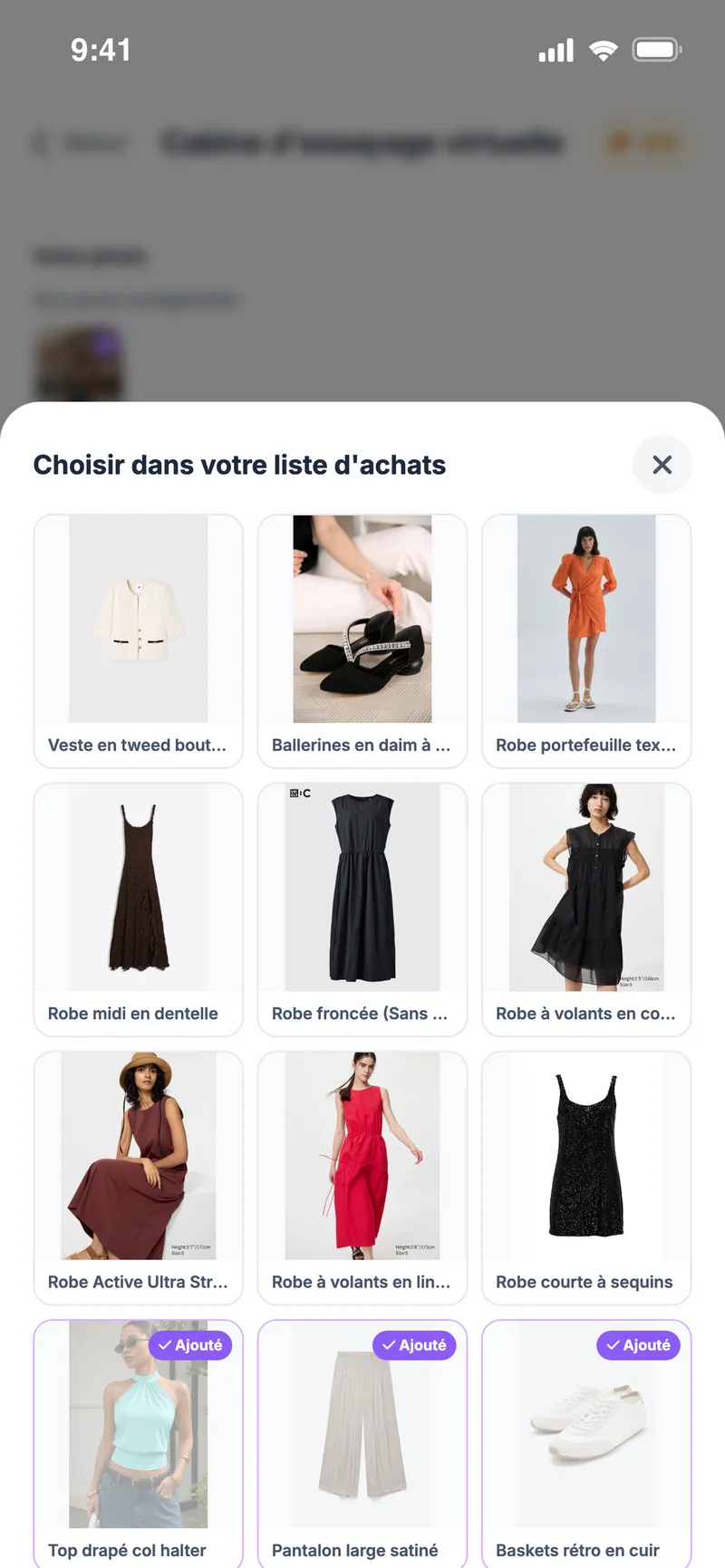 Cabine d'essayage virtuelle : choisir des pièces dans la liste d'achats enregistrée