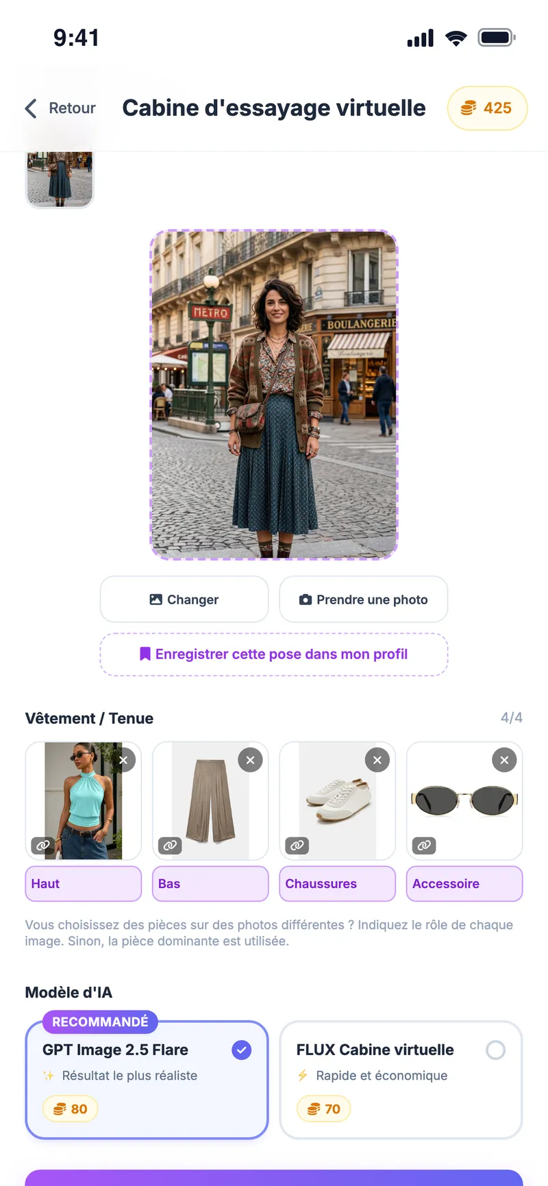 Cabine d'essayage virtuelle : photo en pied, haut drapé, pantalon satiné, baskets et lunettes ajoutés, choix du modèle d'IA