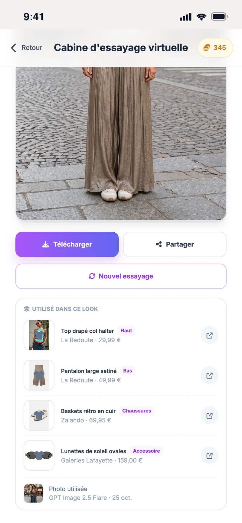 Résultat de l'essayage avec la liste des pièces utilisées dans le look et leurs boutiques