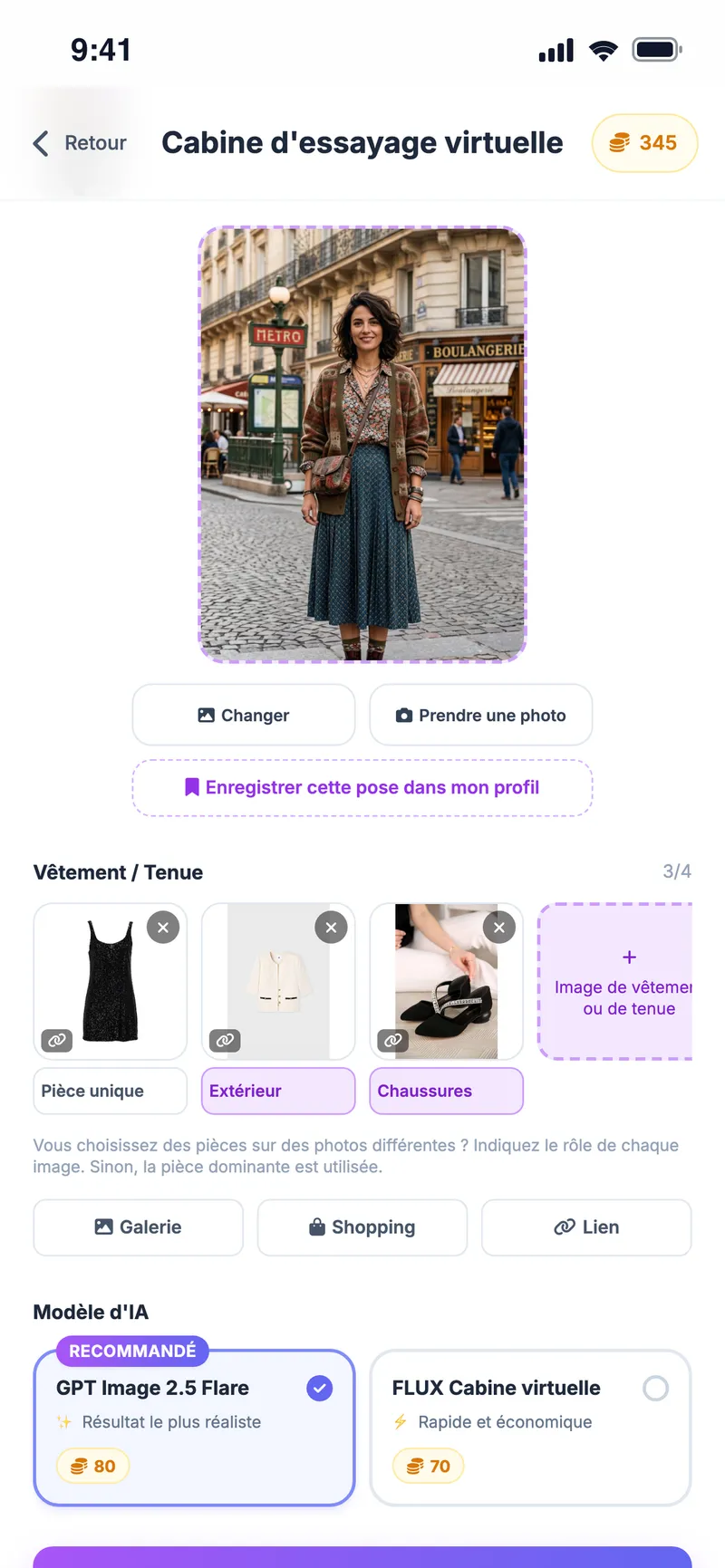 Cabine d'essayage virtuelle : robe noire à sequins, veste en tweed claire et ballerines prêtes pour une soirée chic