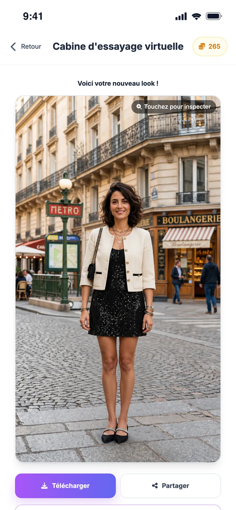 Résultat de l'essayage virtuel : robe noire à sequins et veste en tweed claire sur la photo de l'utilisatrice