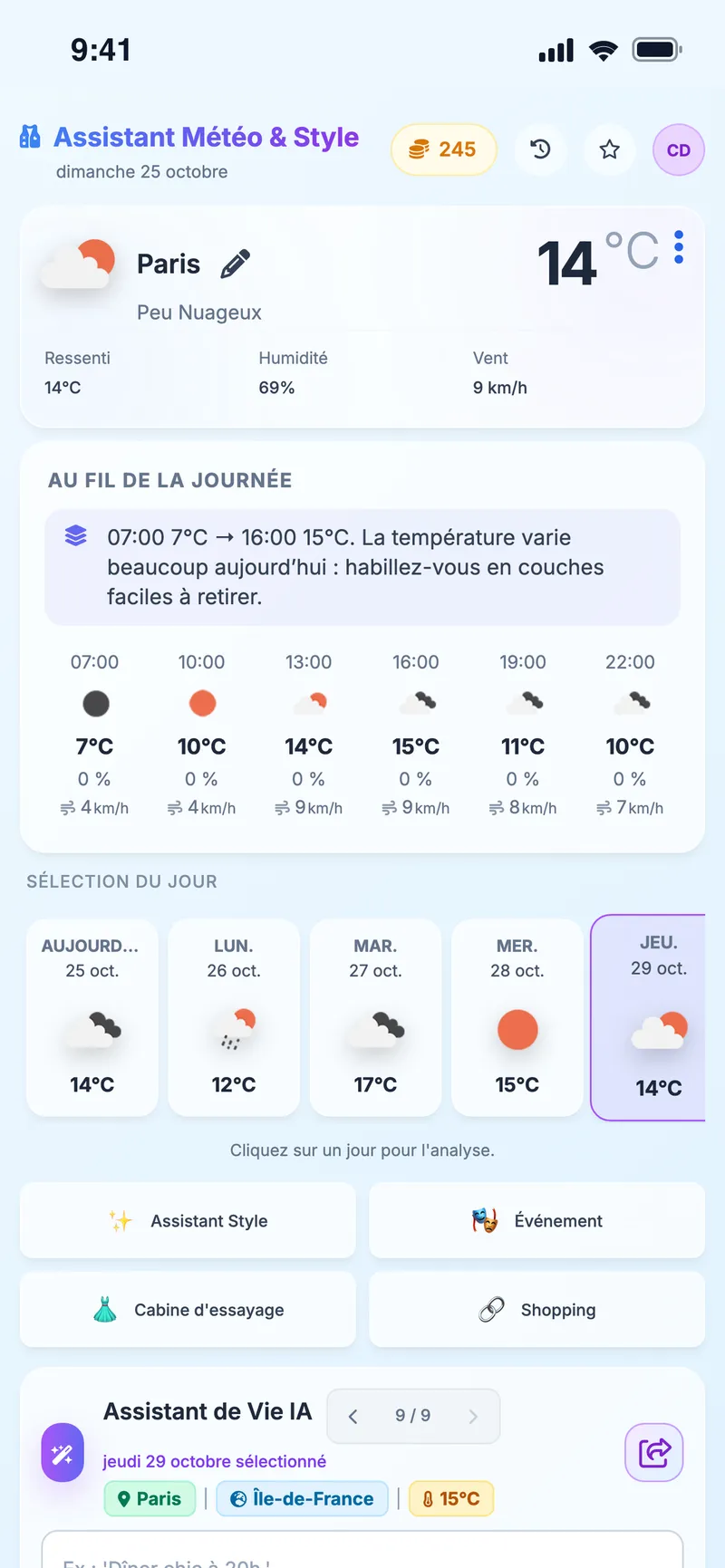 Assistant Météo & Style : météo à Paris, températures heure par heure et choix du jour