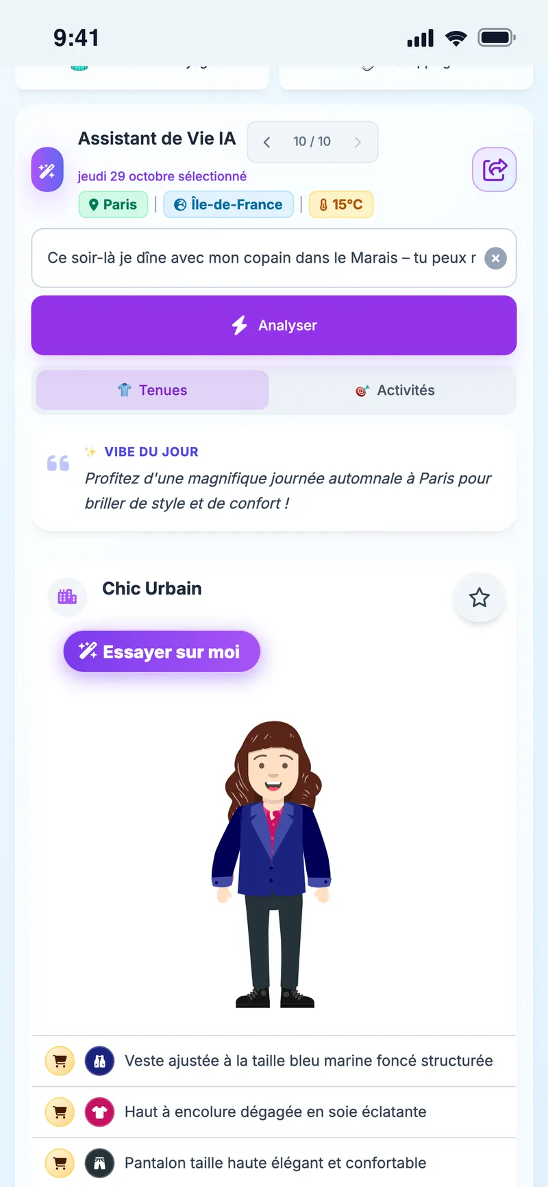 Tenue suggérée selon la météo sur l'avatar, avec l'ambiance du jour et la liste des pièces