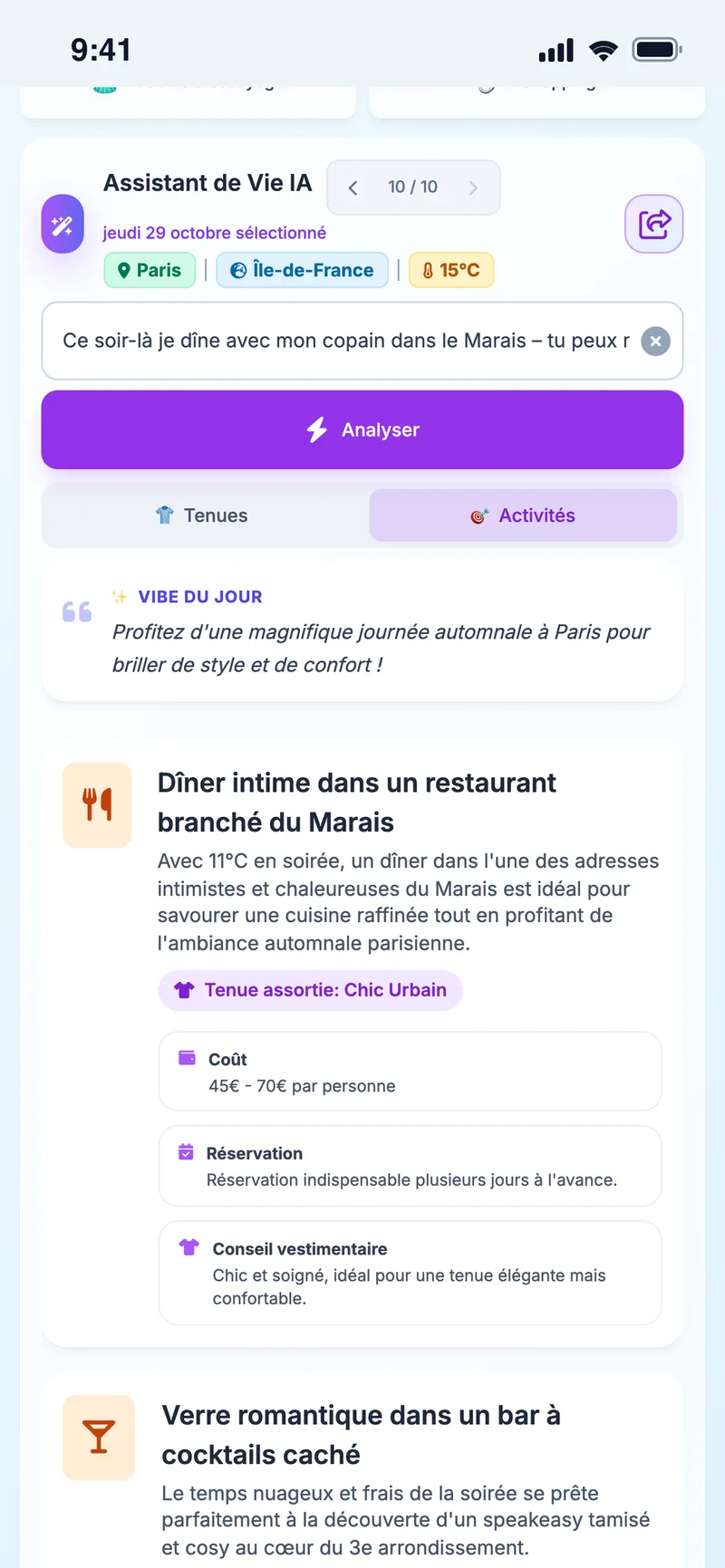 Activités suggérées pour la soirée à Paris : un dîner dans le Marais avec coût, réservation et conseil vestimentaire