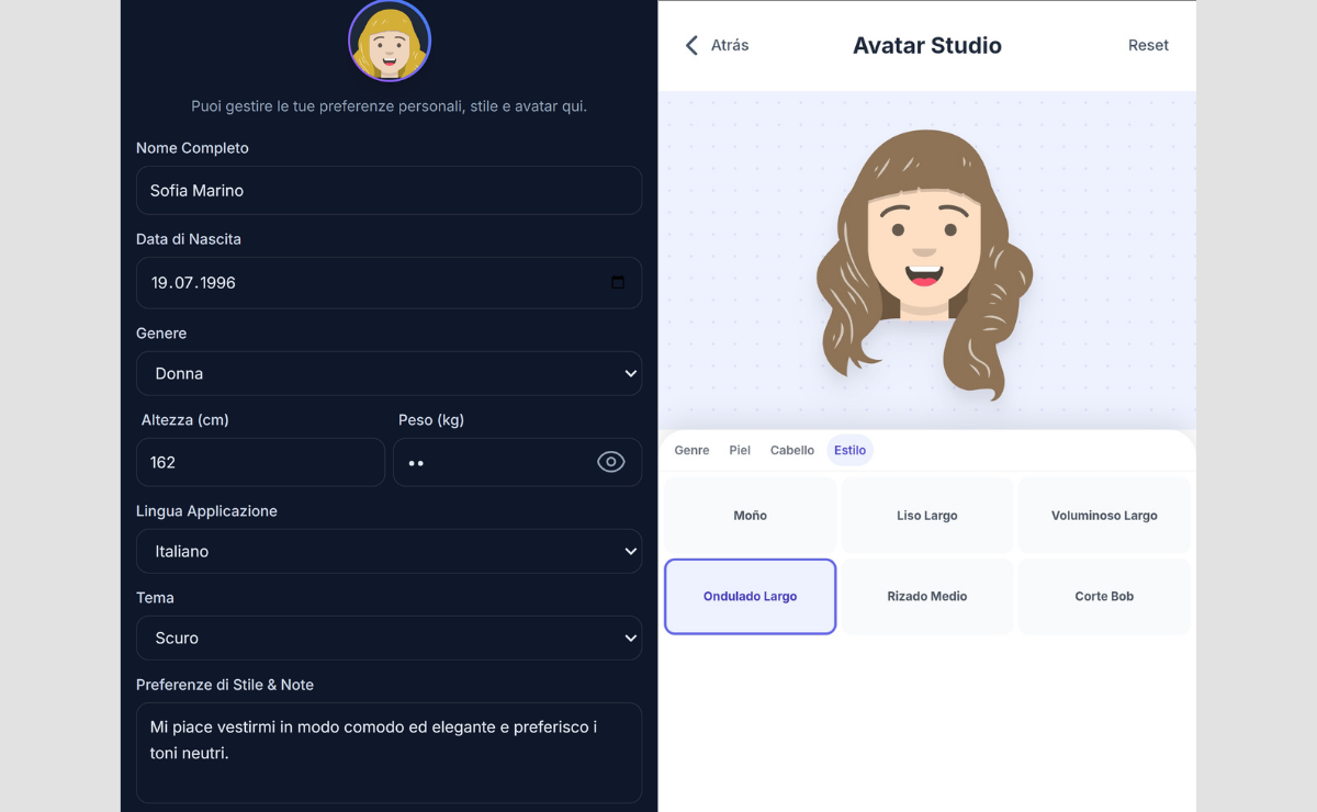 Schermata Impostazioni Profilo
