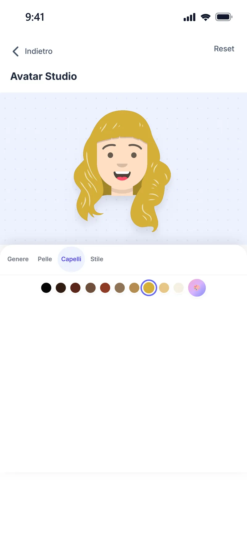 Avatar Studio: scelta del colore dei capelli