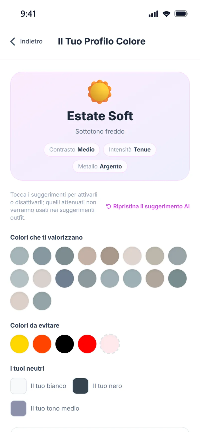 Profilo colore: stagione Estate Soft, sottotono freddo, contrasto medio e intensità tenue, con i colori che ti valorizzano