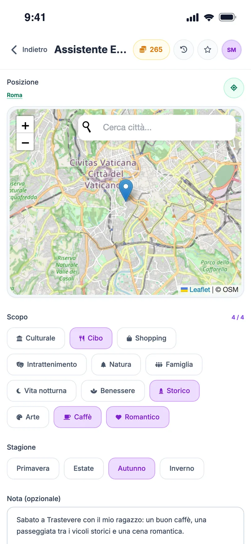 Assistente Eventi: mappa di Roma, scopi (cibo, storico, caffè, romantico), stagione e nota per un sabato a Trastevere