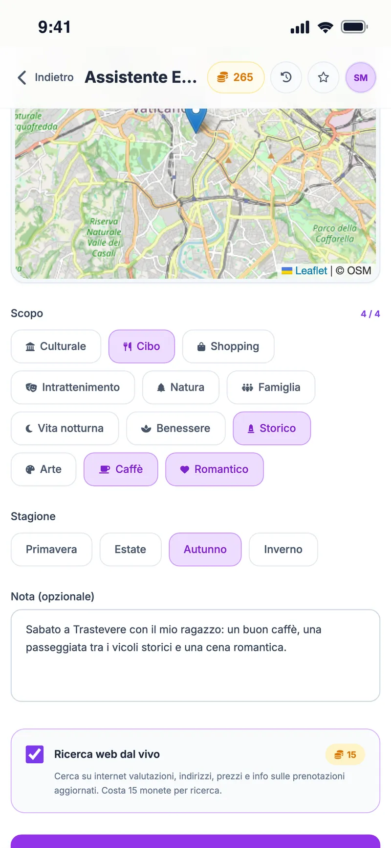 Assistente Eventi: opzione di ricerca web live per valutazioni, indirizzi e prezzi aggiornati