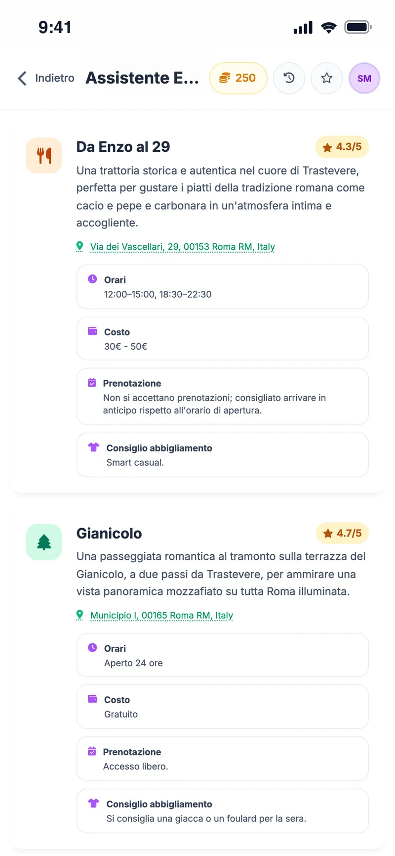 Schede di una trattoria, del Gianicolo e di una passeggiata storica con indirizzo, orari e consiglio d'abbigliamento